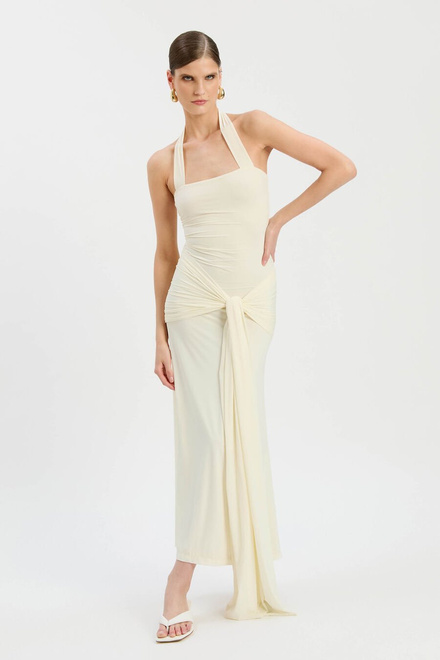 EMILIA TIE FRONT HALTER DRESS in colour Ivory