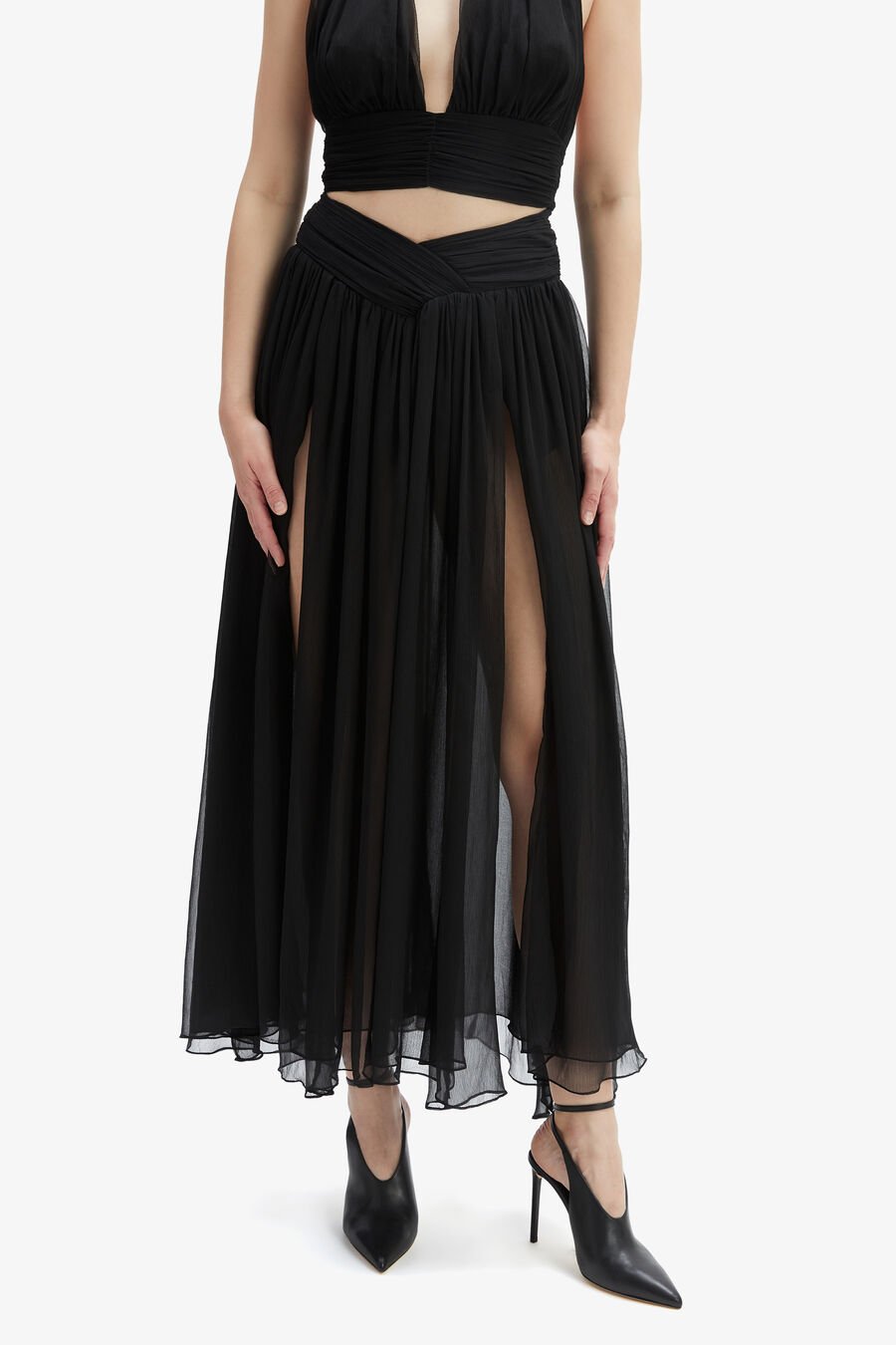 AMERIE SPLIT FRONT MAXI SKIRT in colour BLACK