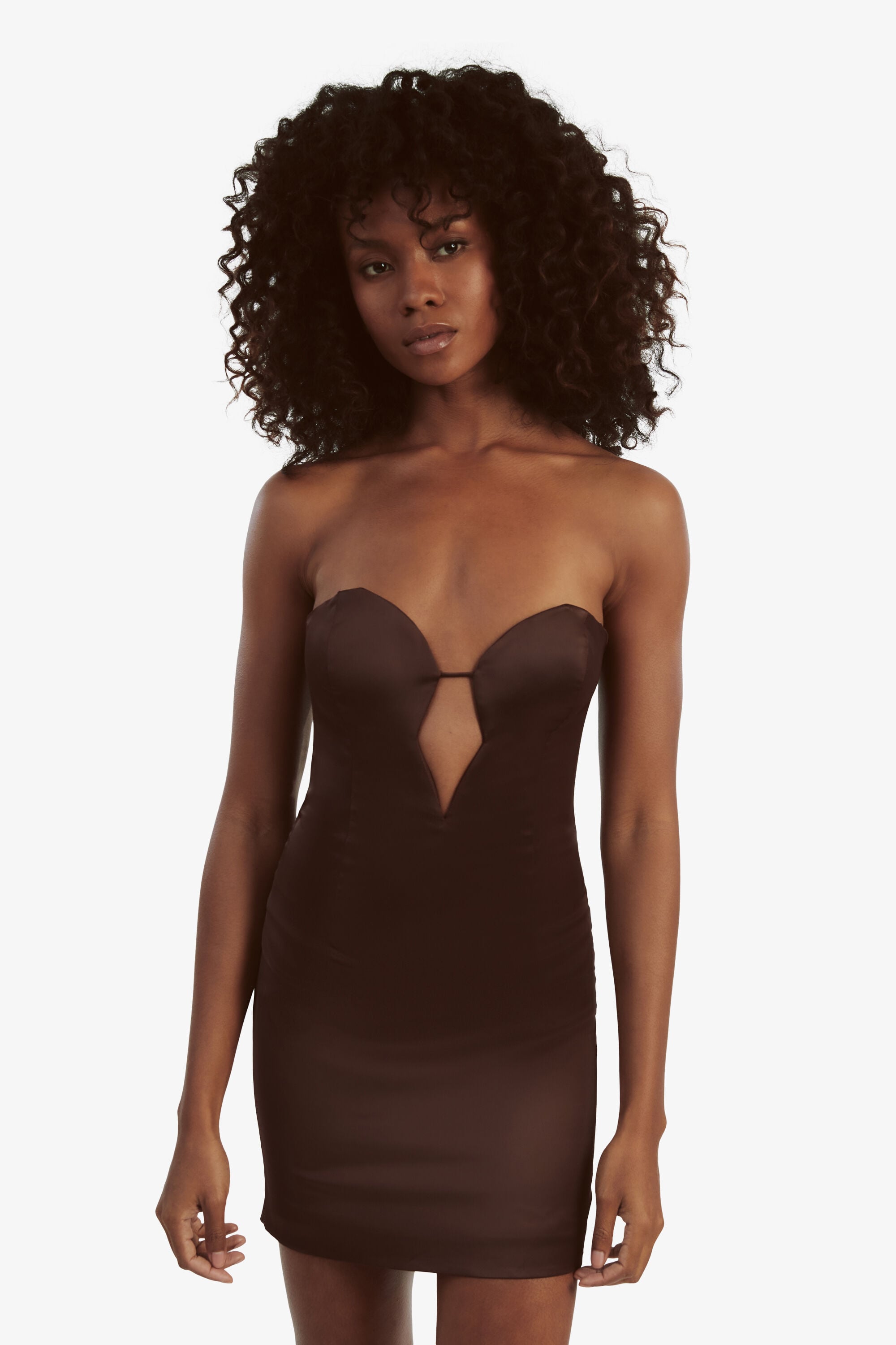 Eleni Satin Mini Dress In Chocolate | Bardot