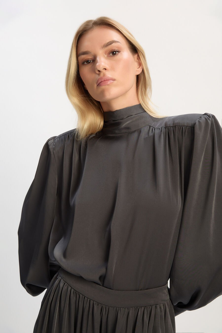 Revana Satin Tie Neck Blouse