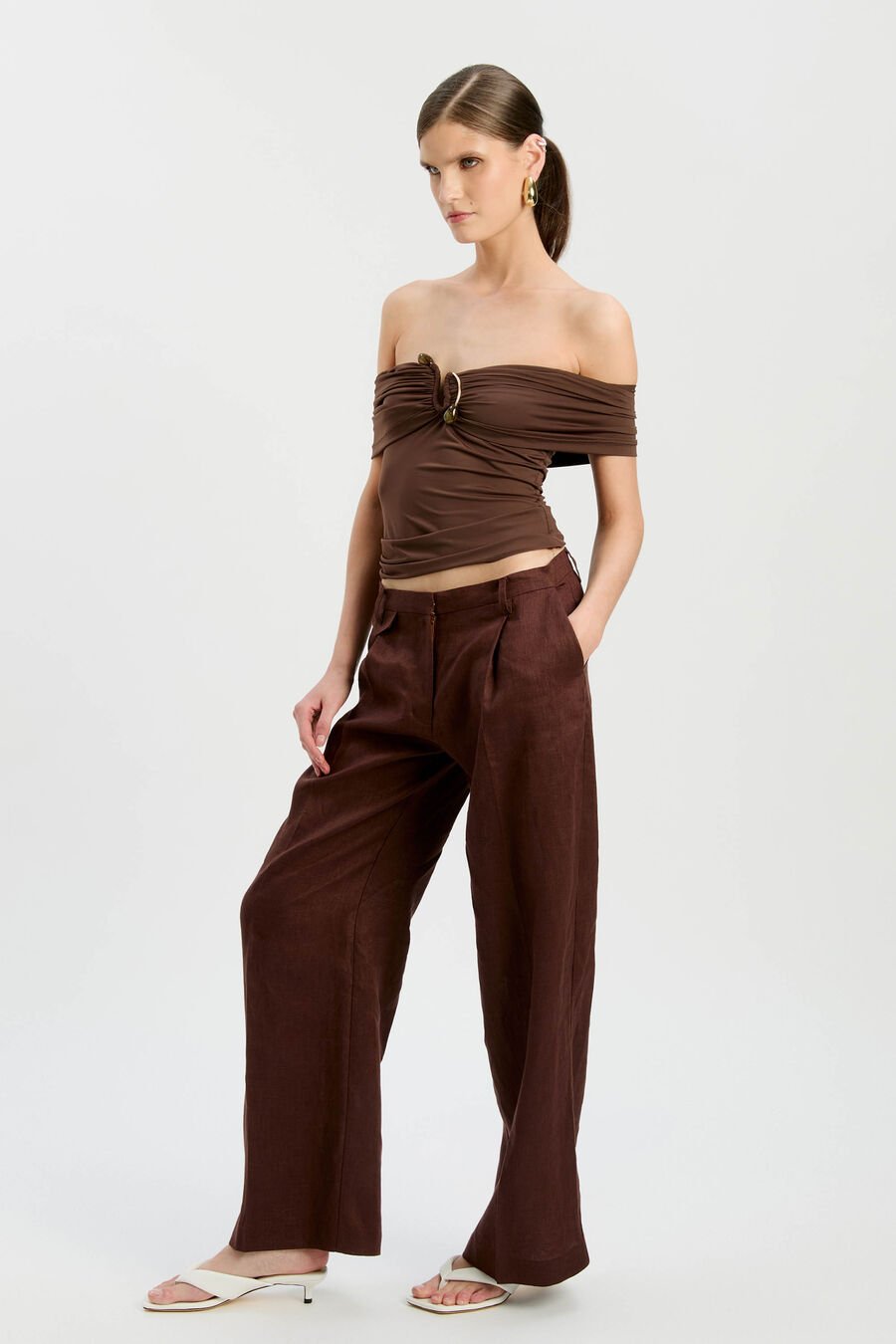 MARTINA OFF THE SHOULDER TOP in colour CHOCOLATE