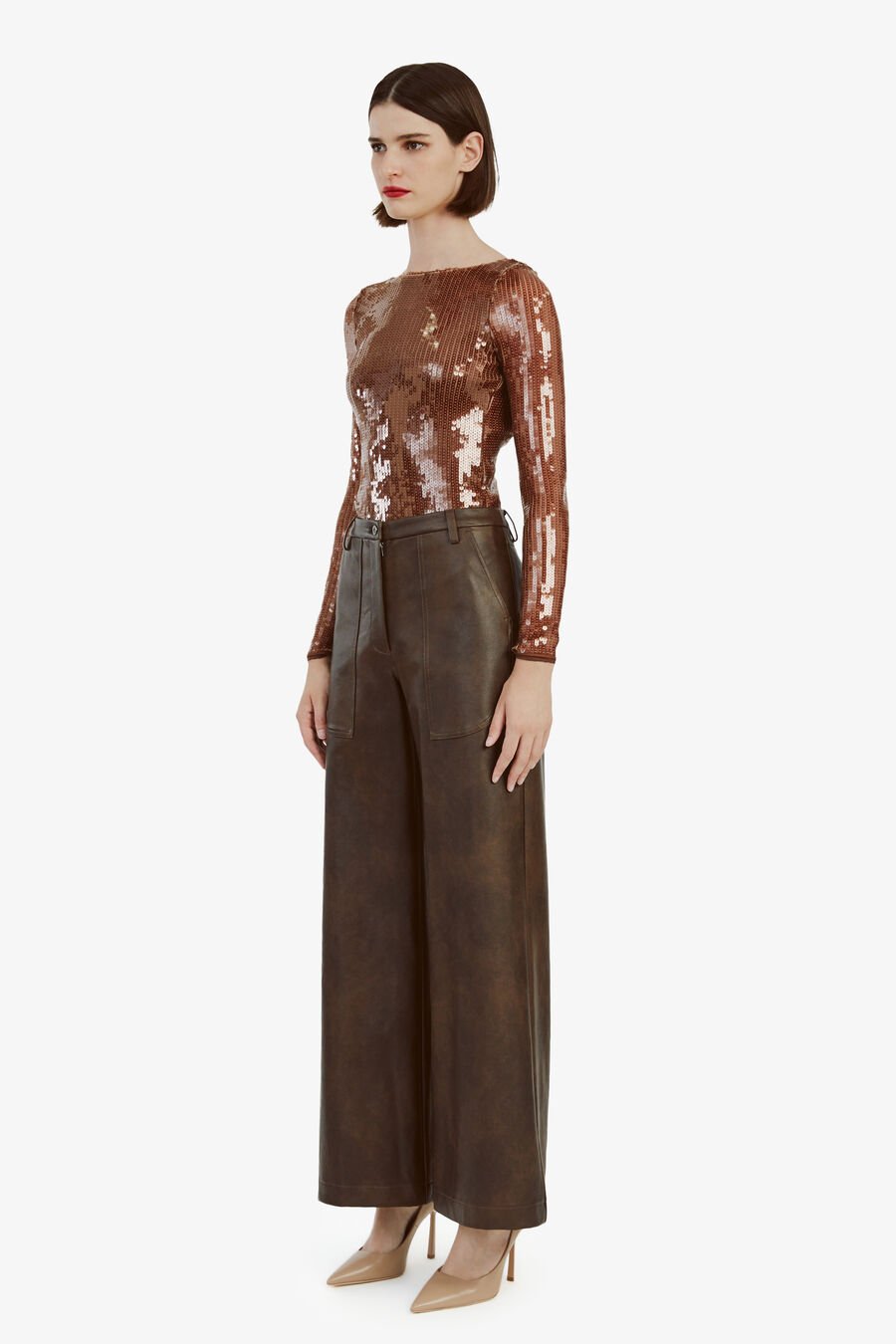 BRENNA SEQUIN BODYSUIT in colour CHOCOLATE