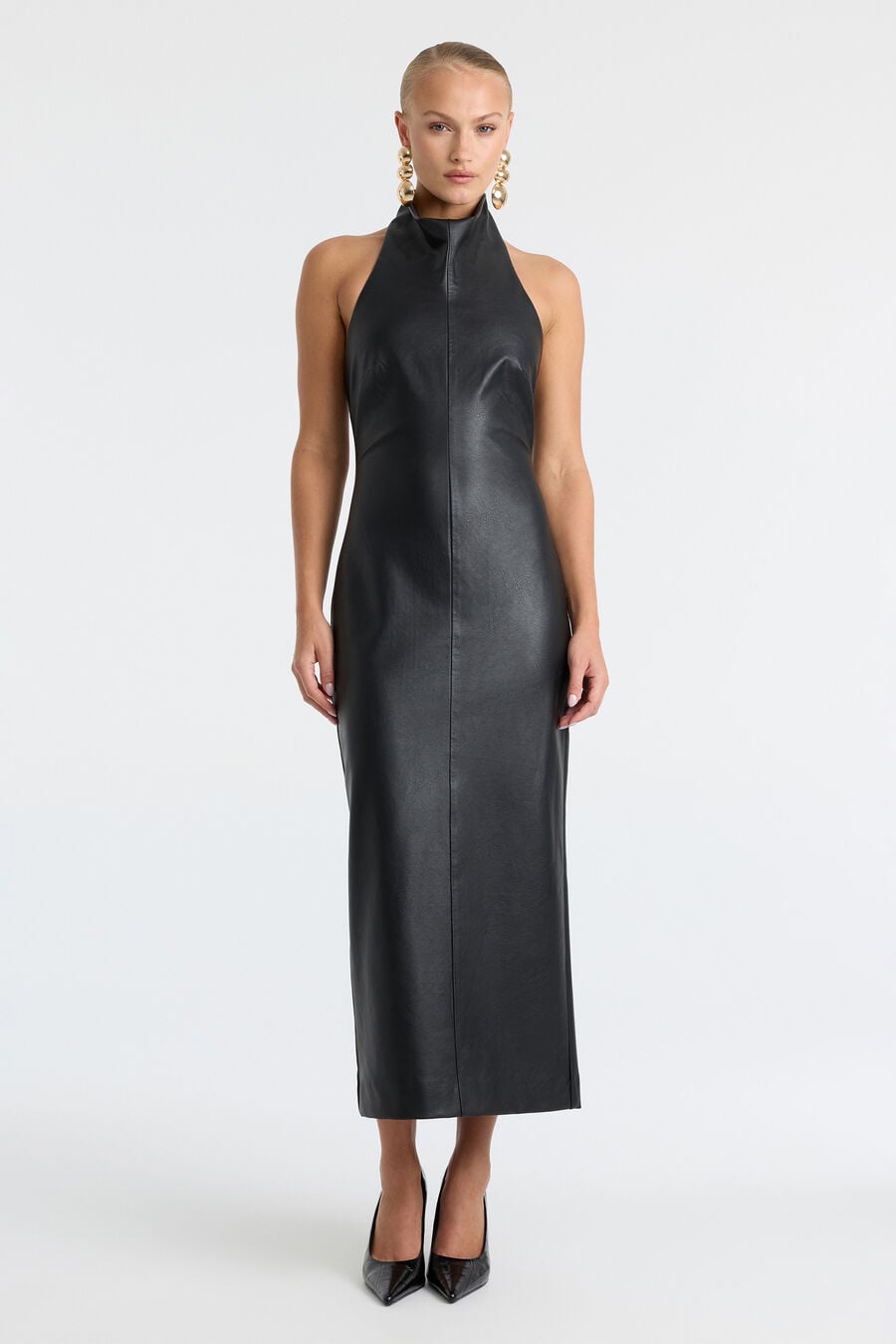 GINA VEGAN LEATHER MIDI DRESS in colour Black