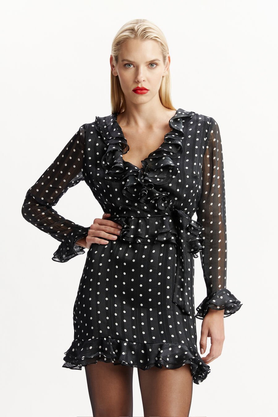 FRILL DETAIL SPOT MINI DRESS in colour BLACK SPOT