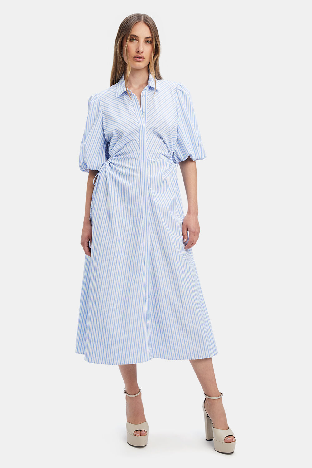 Cut Out Midi Shirt Dress In Blue Stripe Bardot