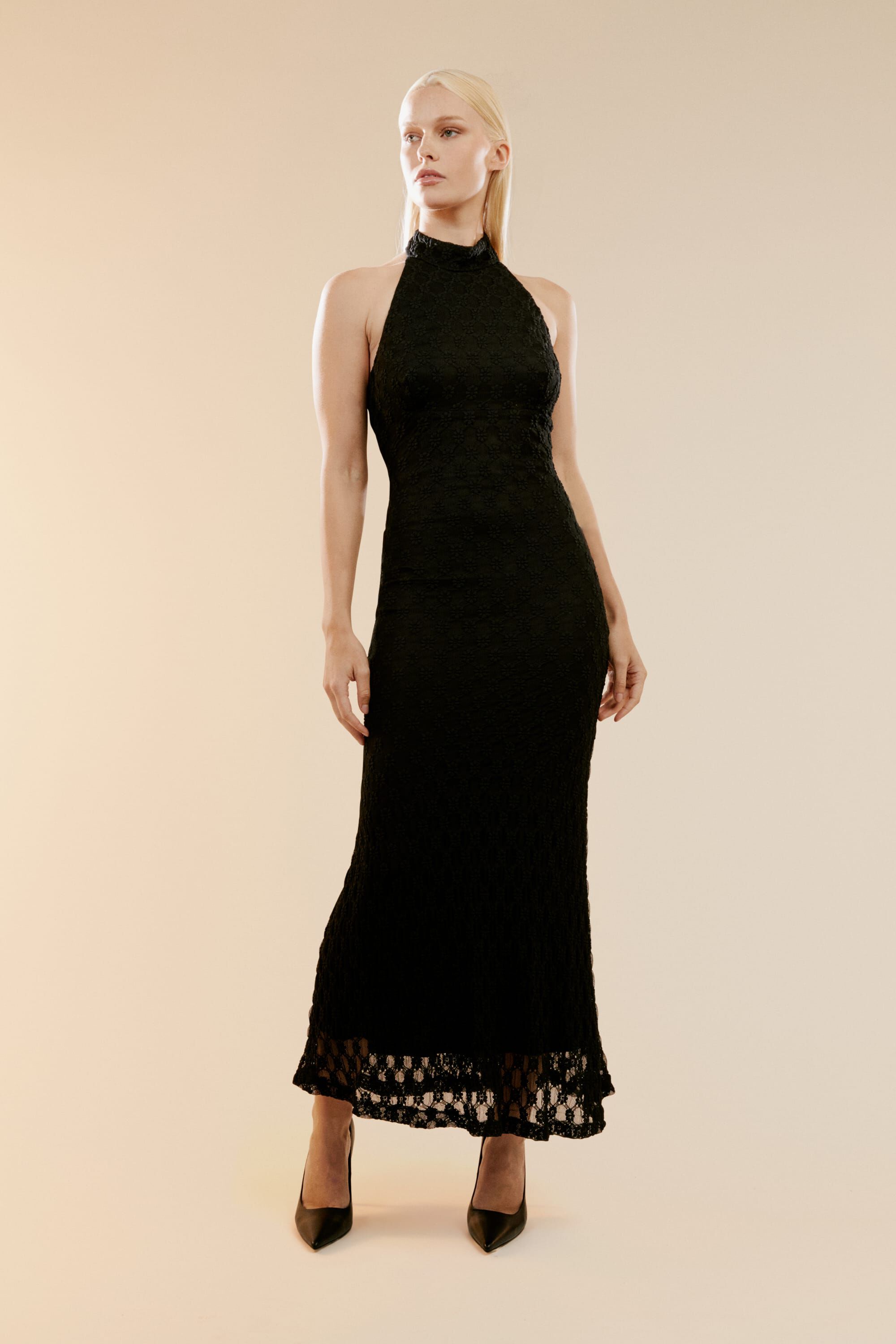 Adoni Ola Lace Midi Dress In Black Bardot