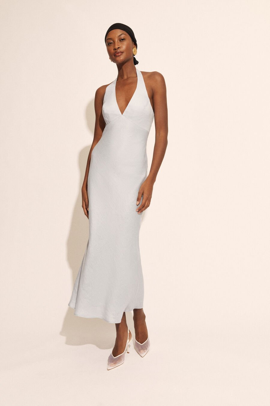 PAOLA HALTER LINEN MIDI DRESS in colour SOFT BLUE