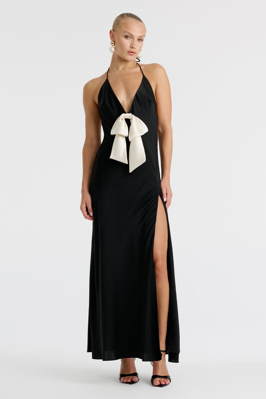 LAVINA BOW HALTER DRESS in colour Black