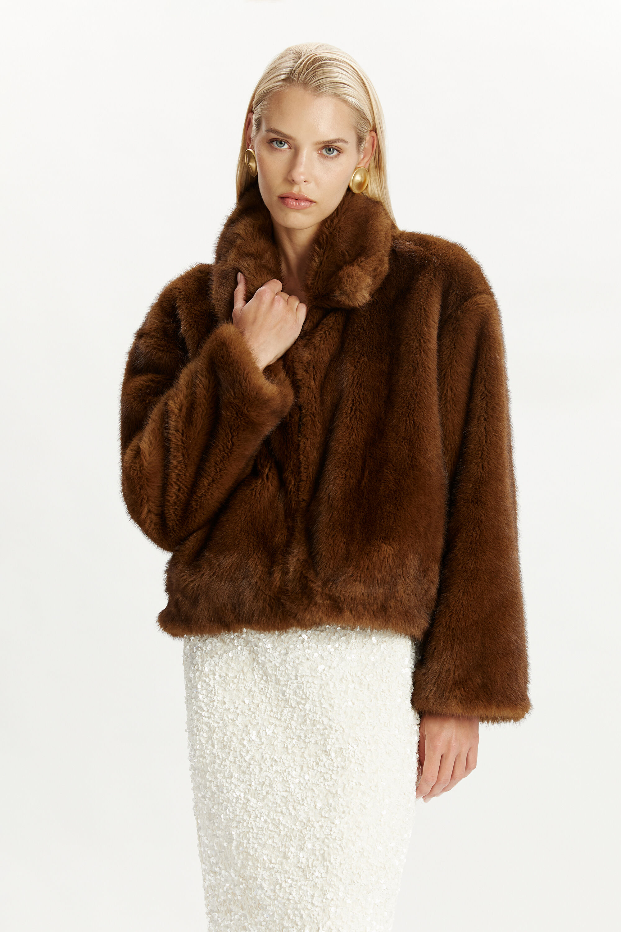 Sylvie Zip Faux Fur Jacket In Chocolate | Bardot