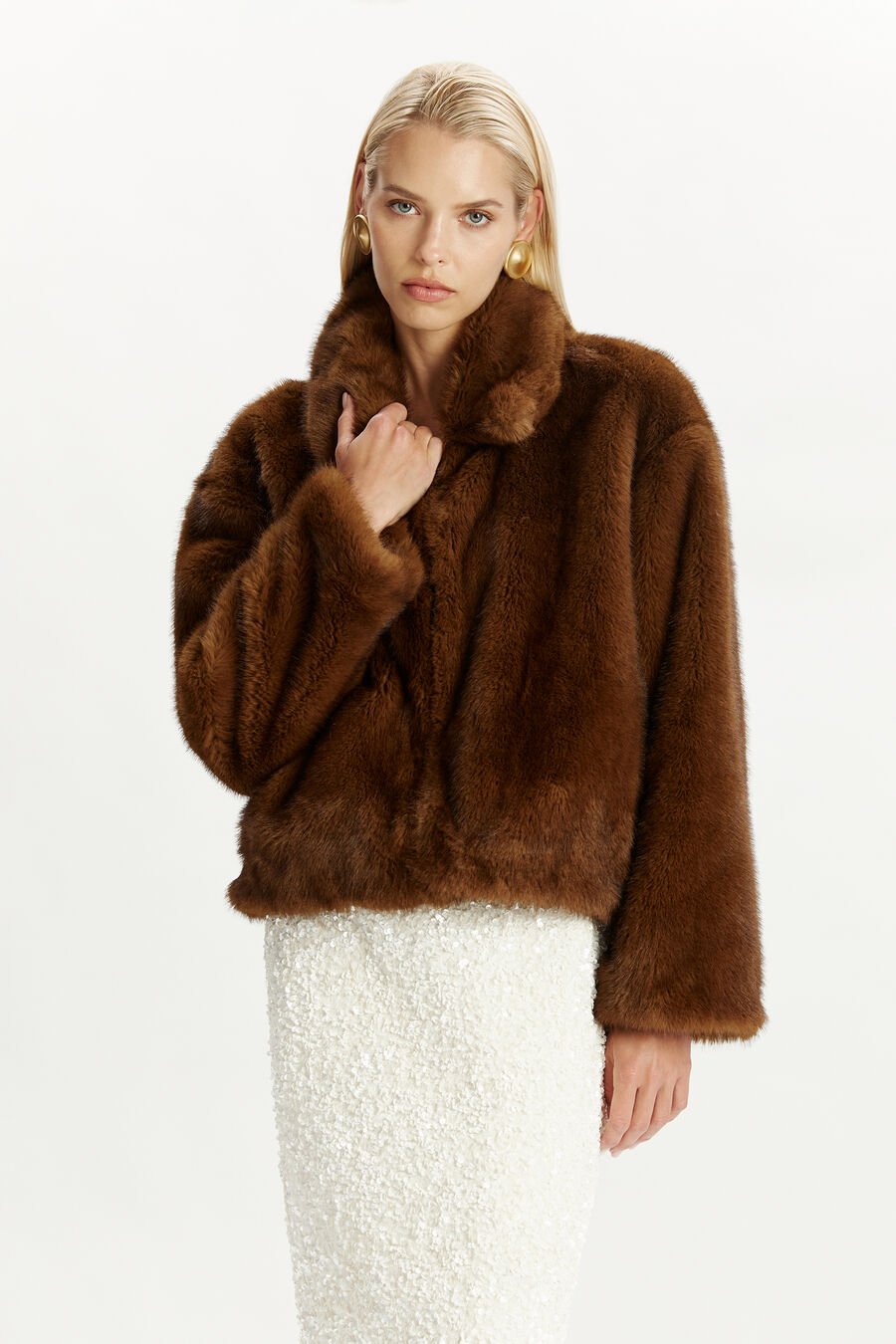 SYLVIE ZIP FAUX FUR JACKET in colour CHOCOLATE