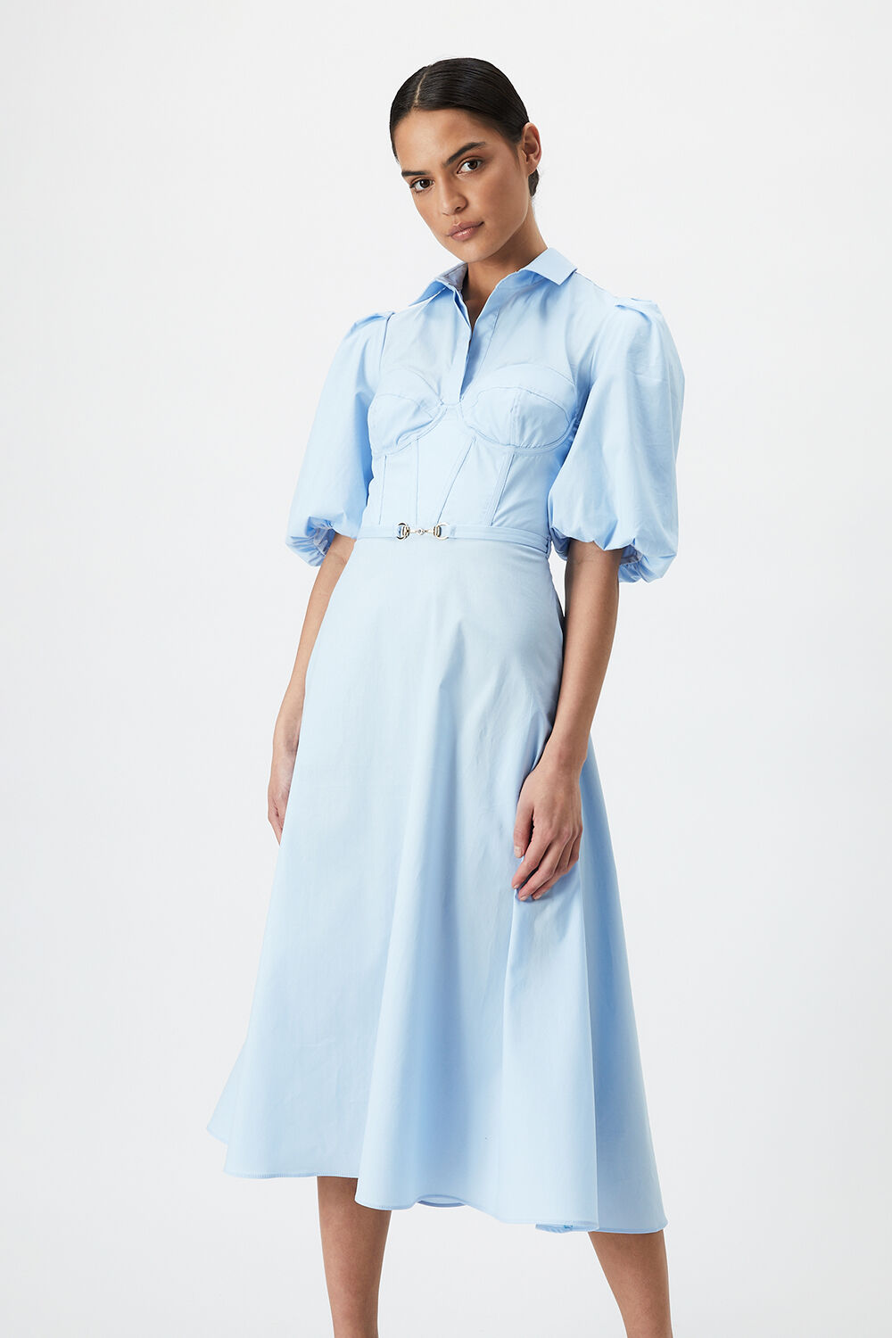 CORSET MIDI SHIRT DRESS in colour CERULEAN