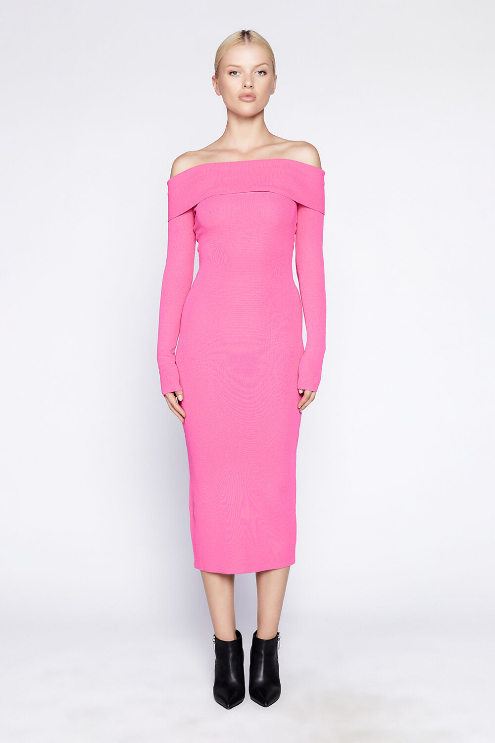 OFF SHLDR KNIT DRESS in colour PETAL PINK