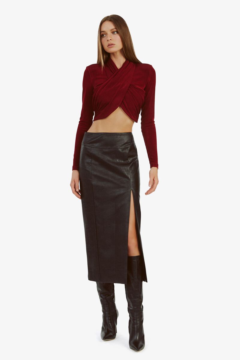Burgundy vegan leather skirt top