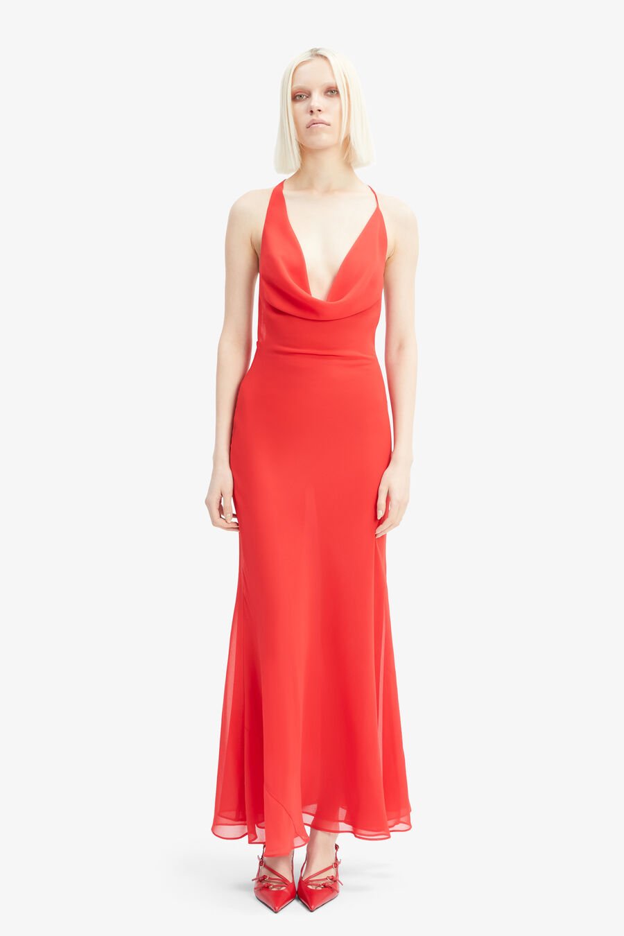 CHERIE COWL NECK MAXI DRESS in colour DEEP RED