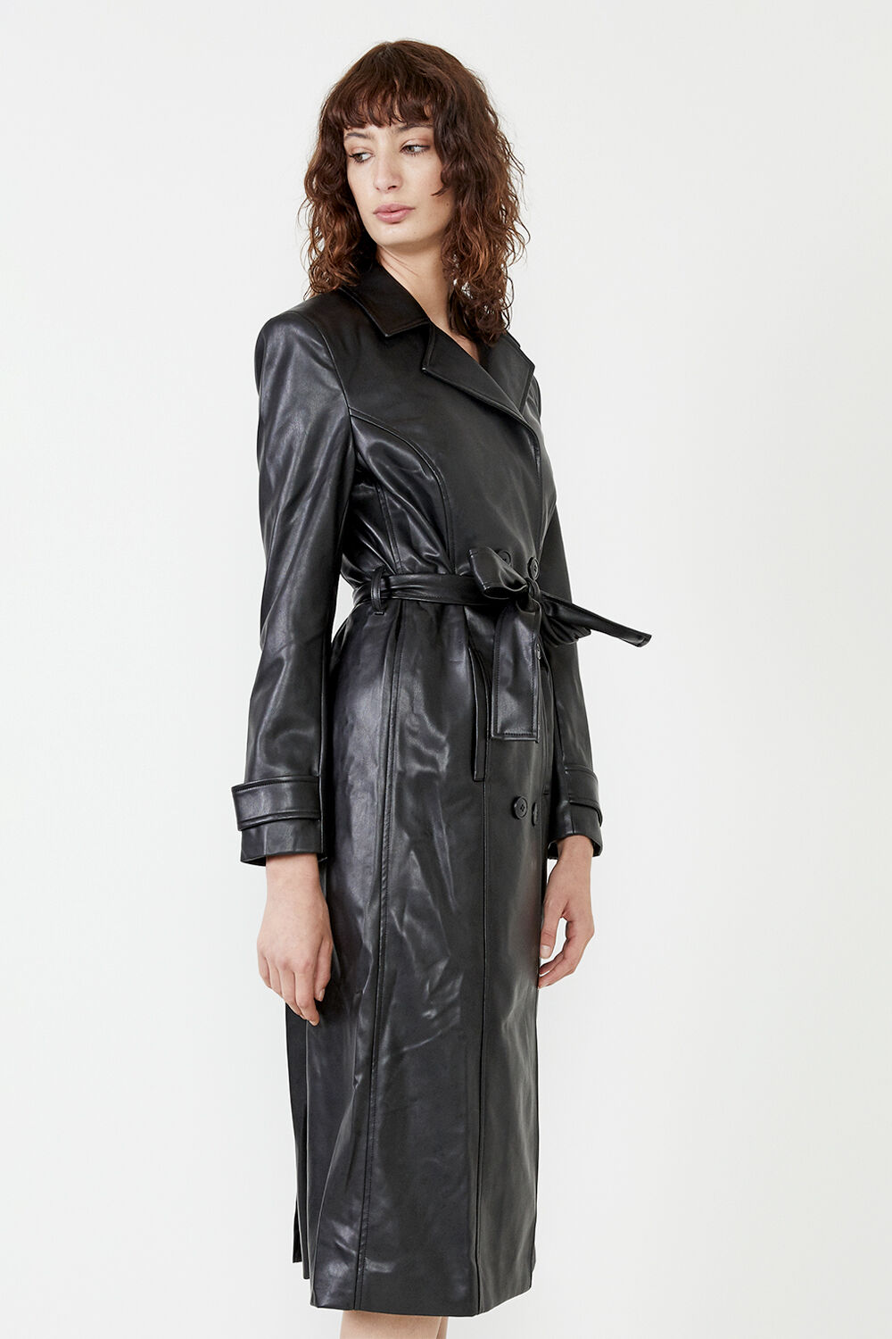 Vegan Leather Trench Coat in Black Bardot