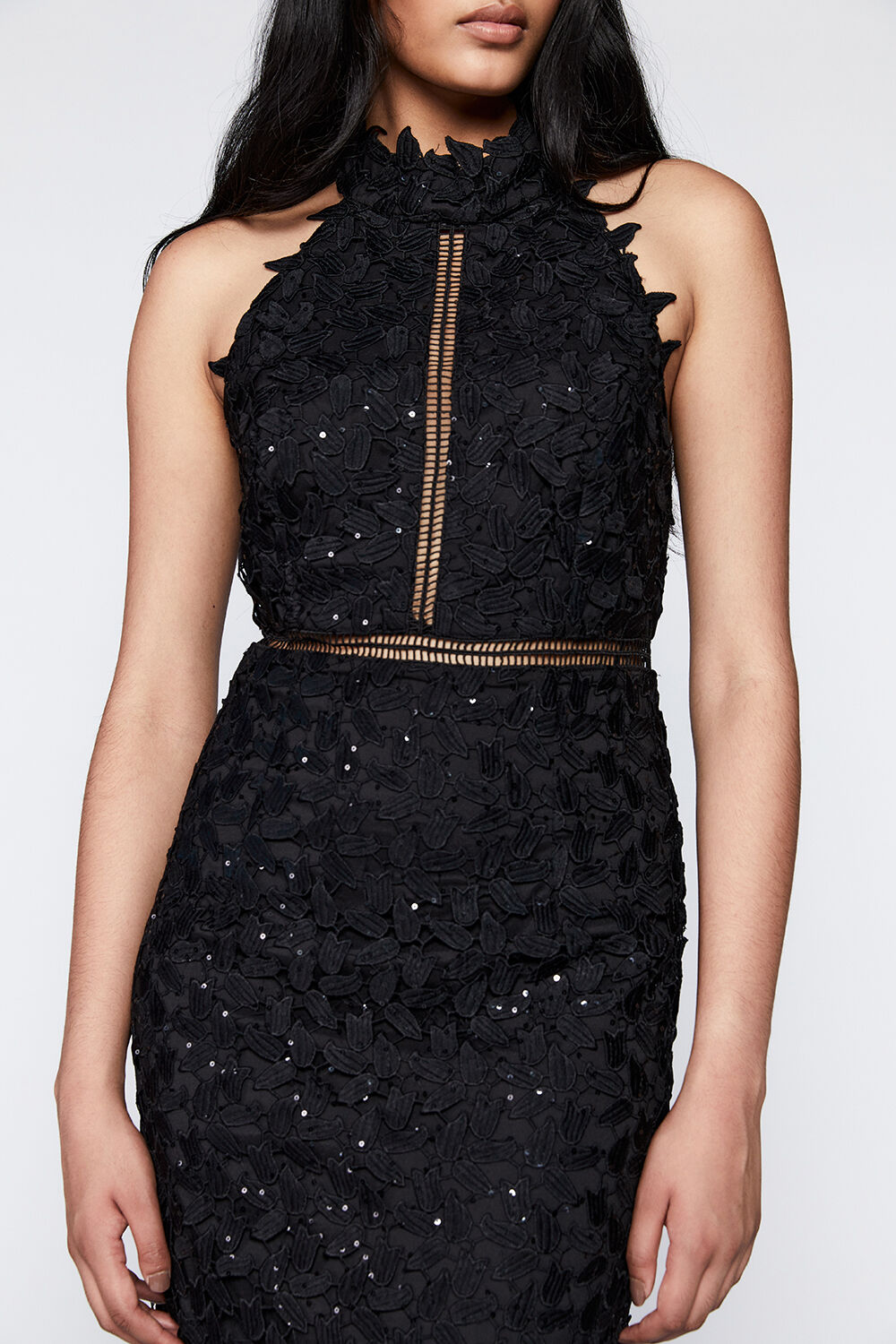SEQUIN LEAF LACE DRESS in colour CAVIAR