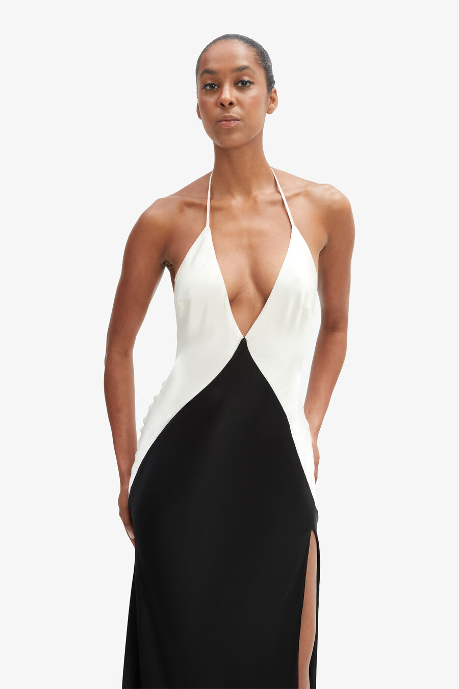 YVE CONTRAST HALTER DRESS in colour Black Ivory