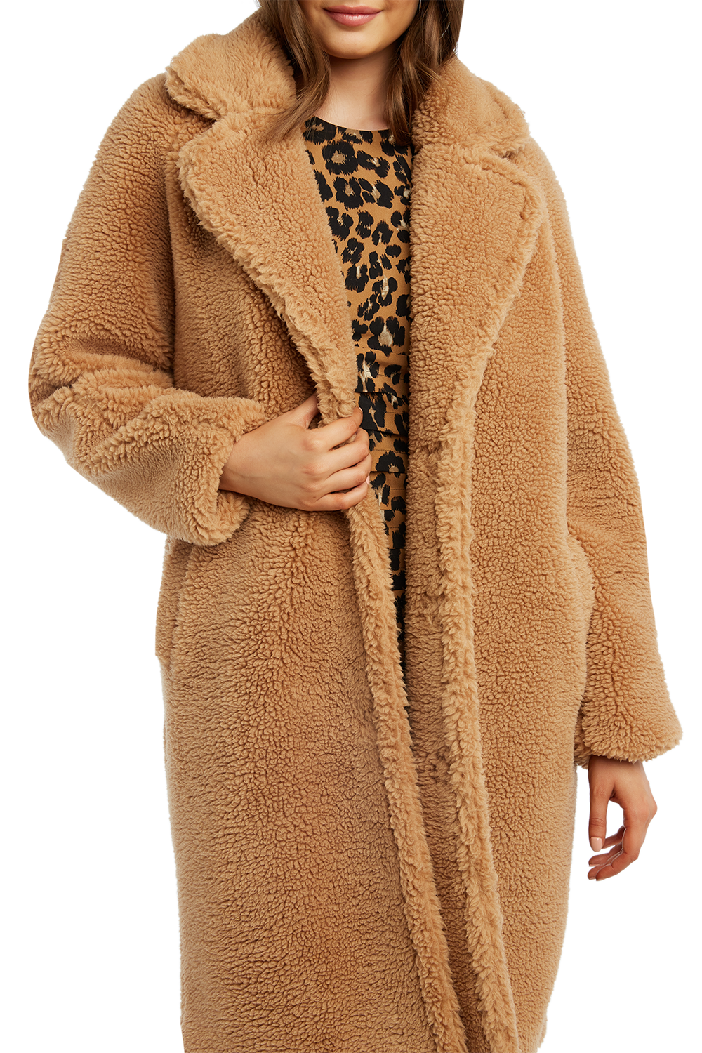 Long tan teddy coat sales