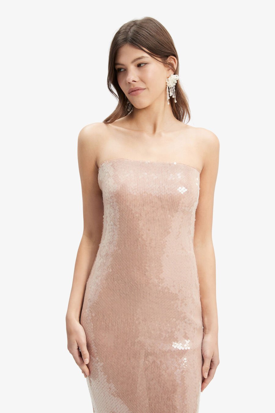 LAUNA SEQUIN MAXI DRESS in colour SOFT TAN