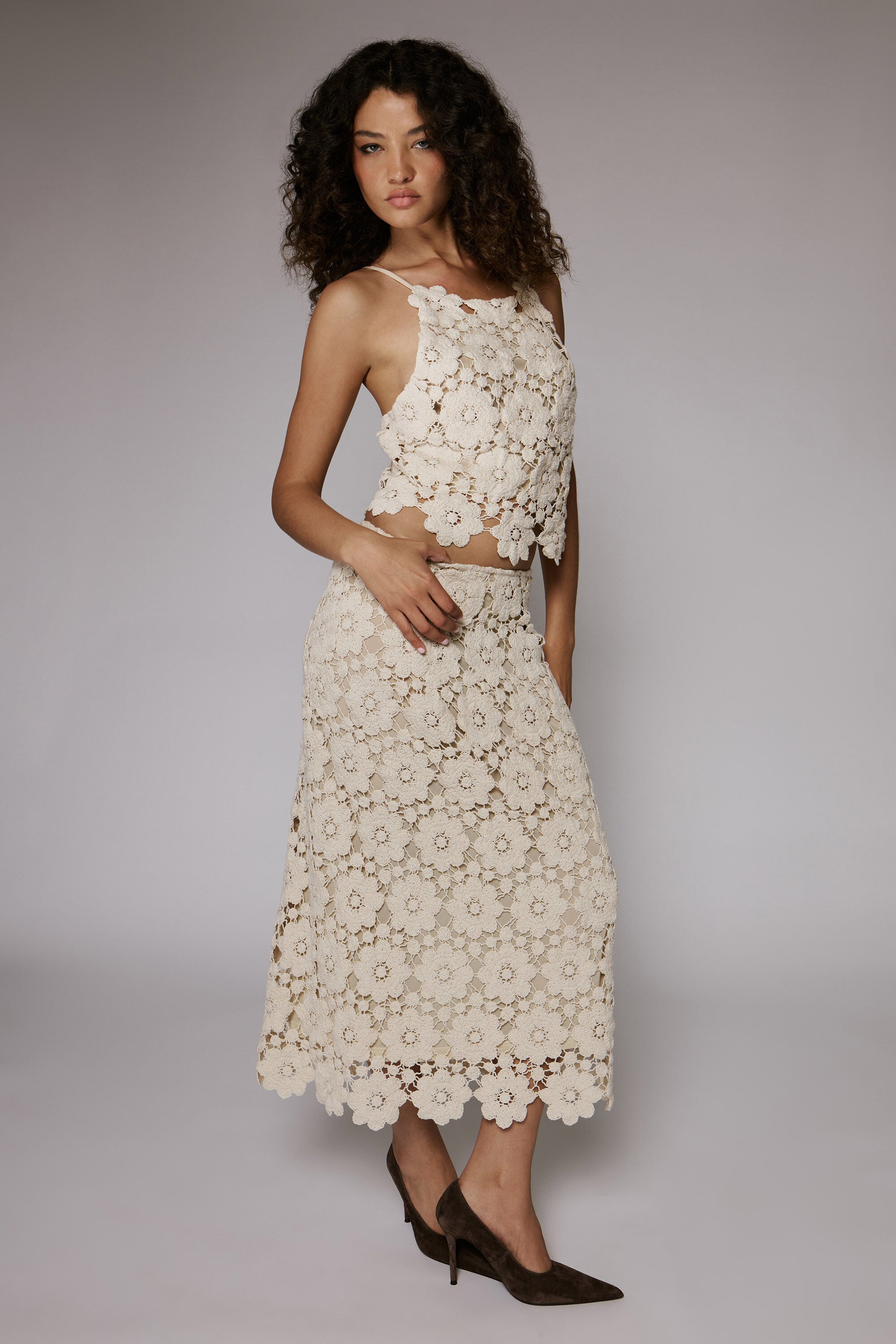 Veneta Crochet Midi Skirt In Light Beige | Bardot