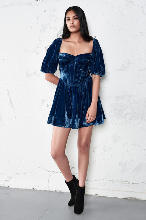 VELOUR CORSET MINI DRESS in colour BRIGHT COBALT