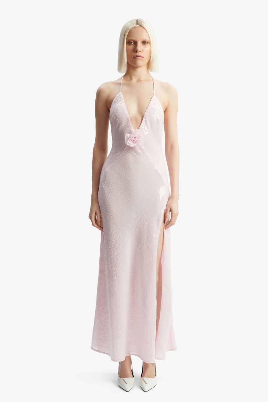 ARADIA SEQUIN HALTER DRESS in colour LIGHT PINK