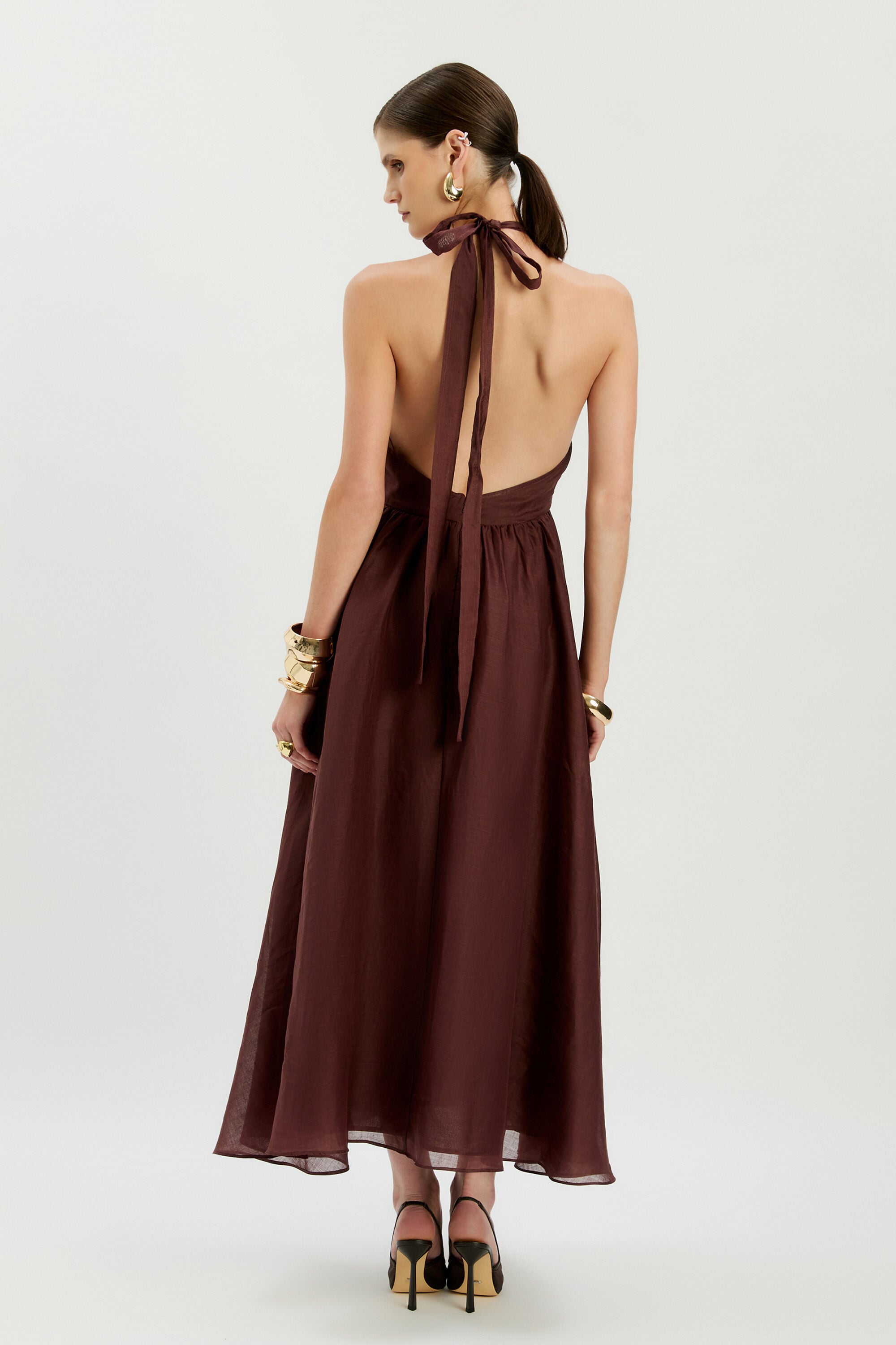 Cavarly Ramie Halter Dress In Chocolate