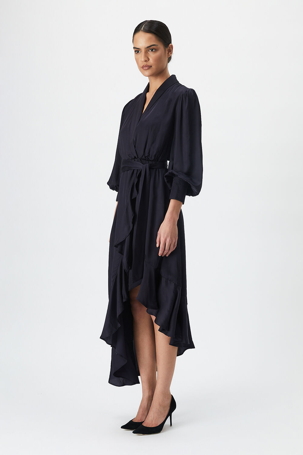 AALIYAH WRAP MIDI DRESS in colour BLACK IRIS