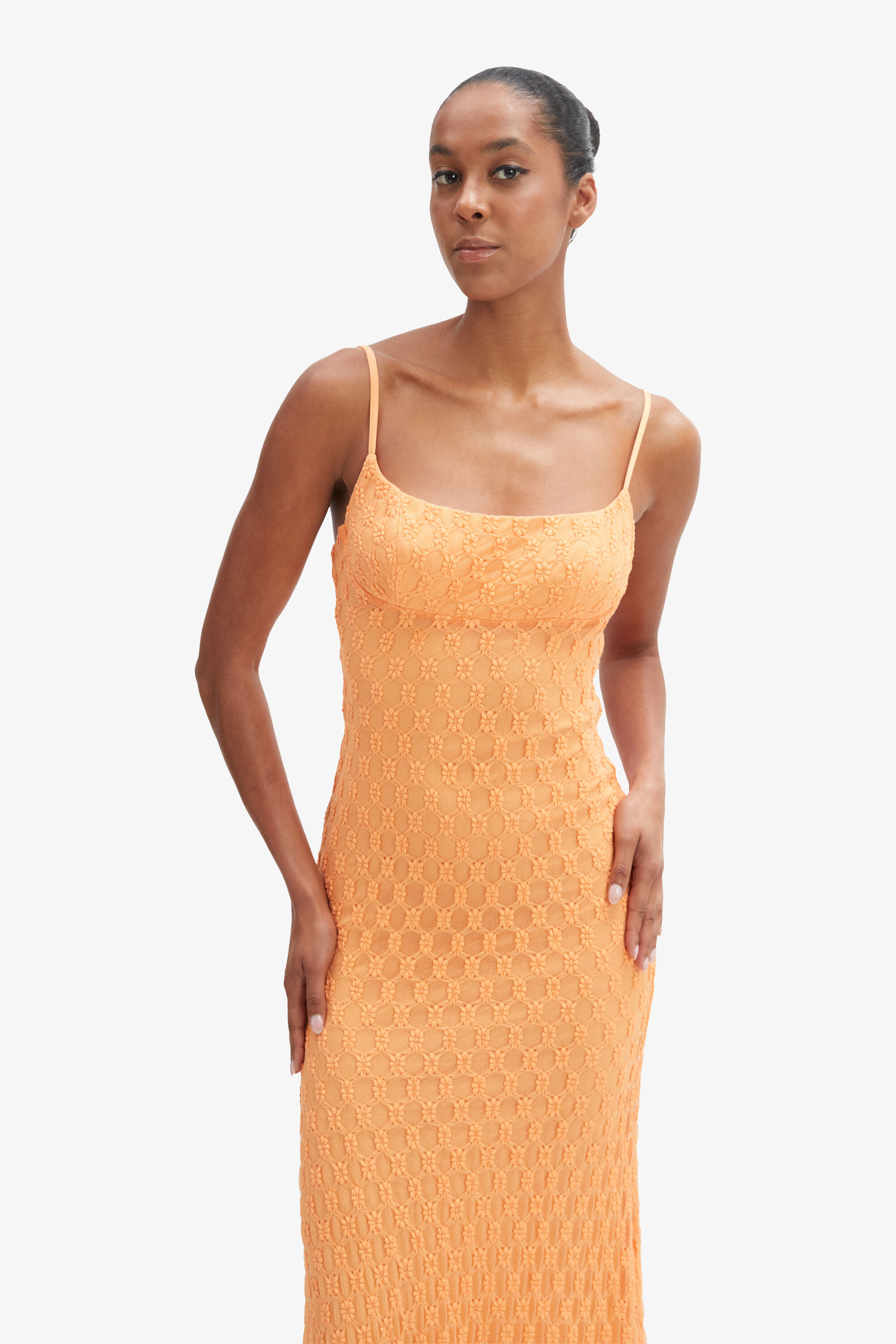 Adoni Mesh Midi Dress In Ornge Srbt | Bardot
