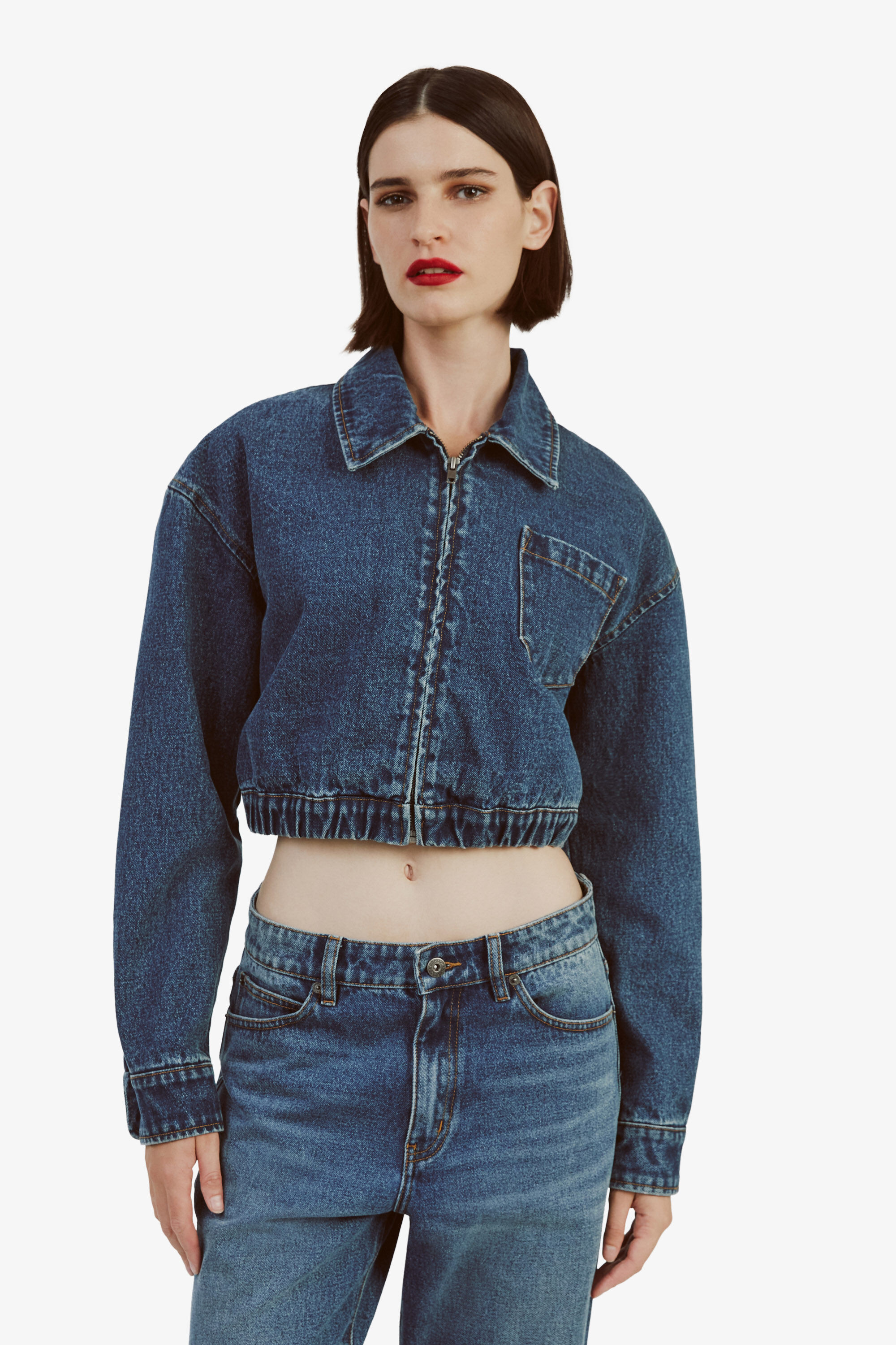 Cropped Bomber Denim Jacket In Washed Indigo Bardot