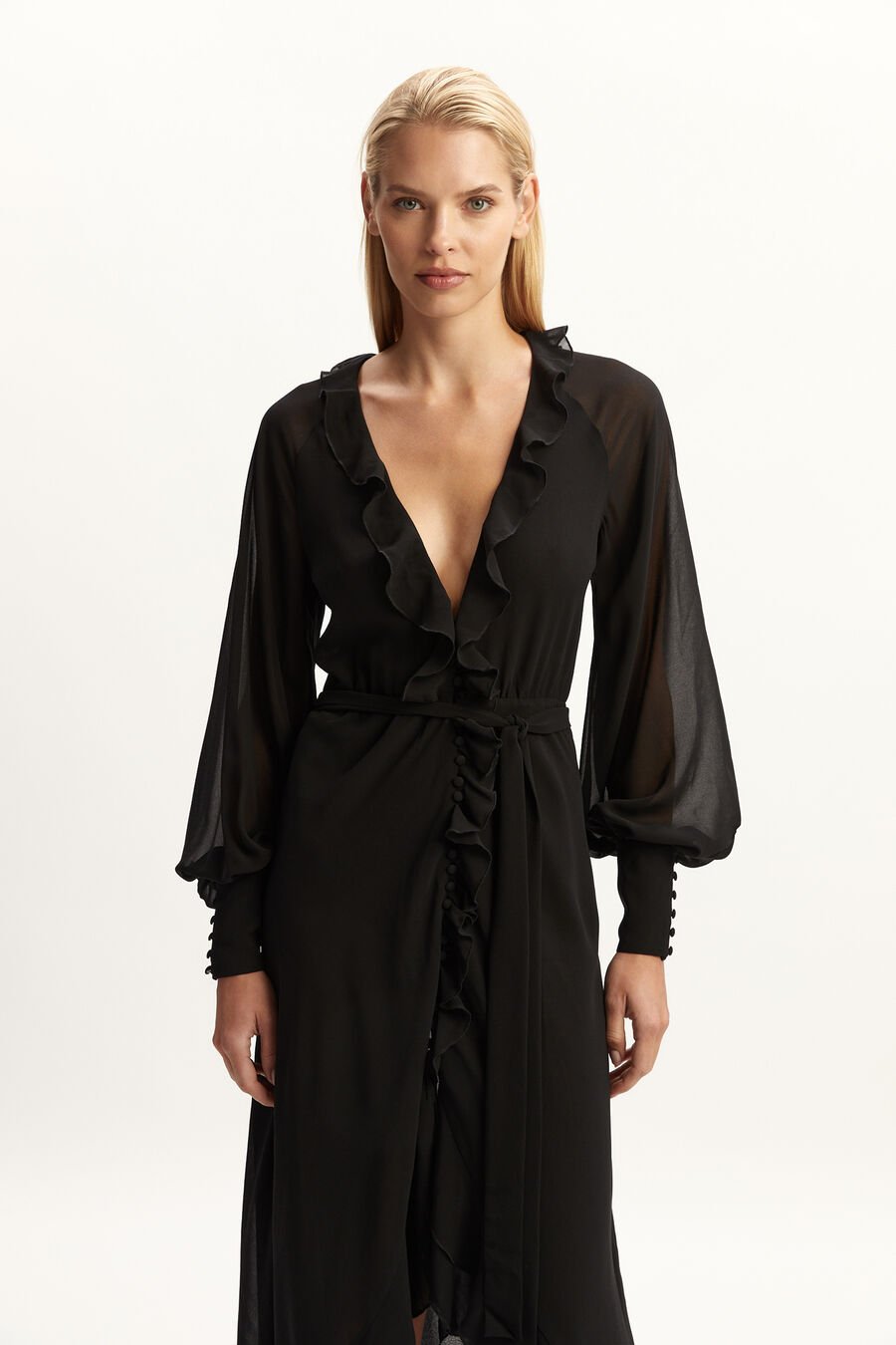 KASSIA RUFFLE MIDI DRESS in colour BLACK