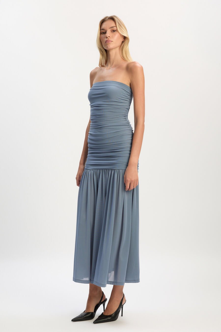 SOLANA MESH MAXI DRESS in colour DUSTYBLUE