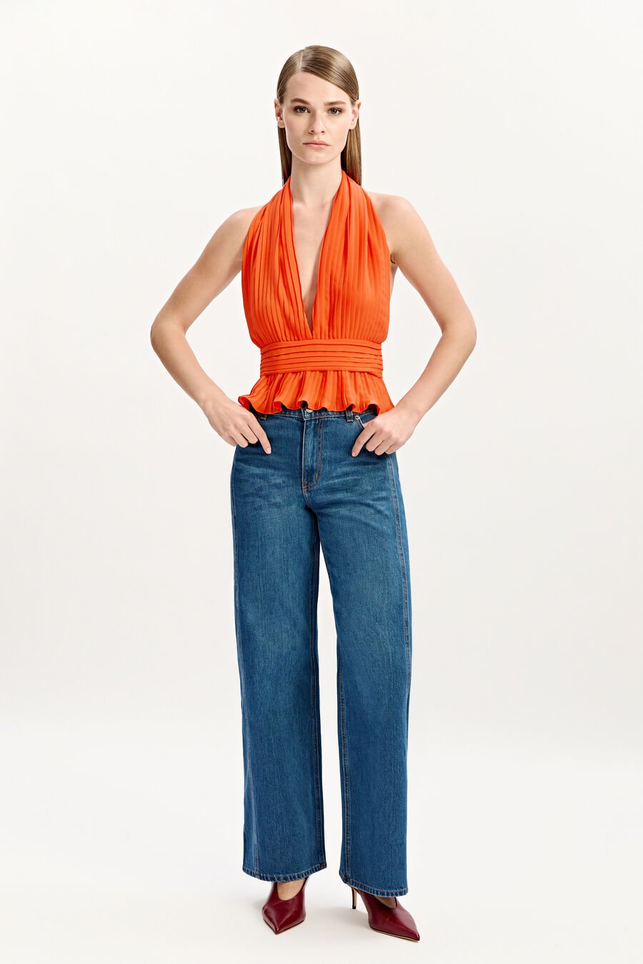AMALA PLEATED HALTER NECK TOP in colour TANGELO
