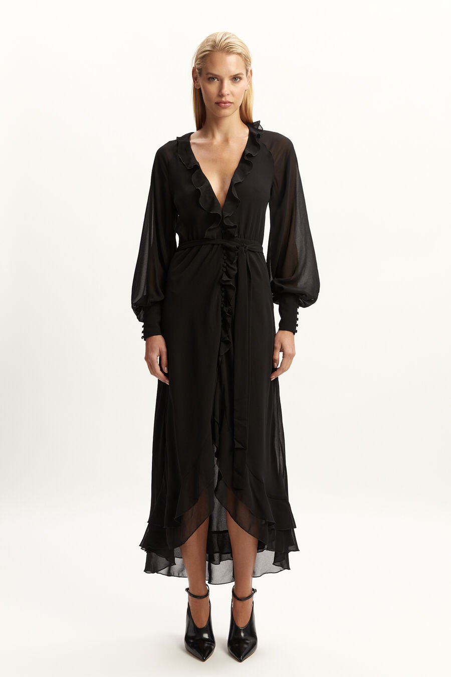 KASSIA RUFFLE MIDI DRESS in colour BLACK