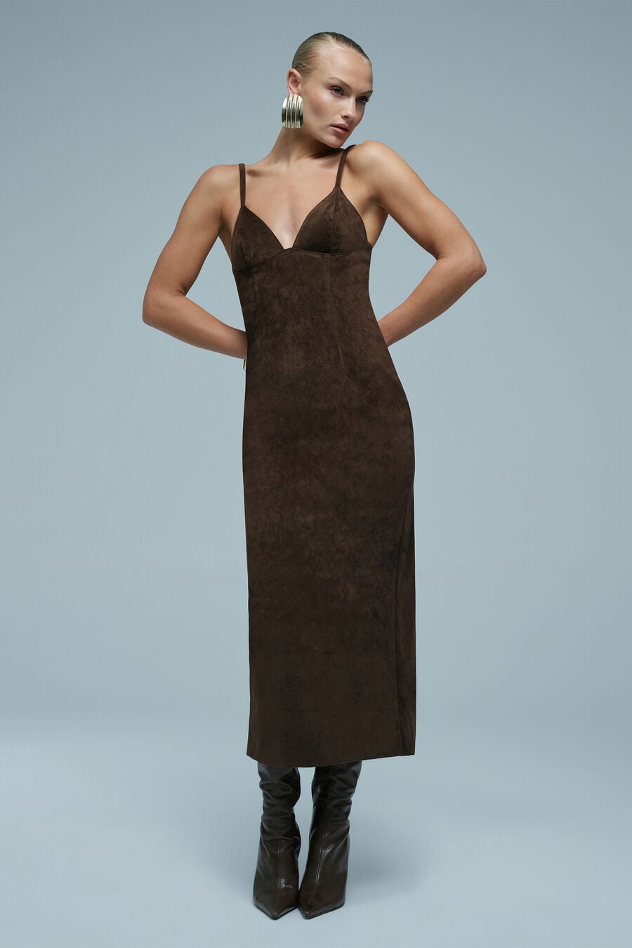 ESTINE VEGAN SUEDE MIDI DRESS in colour DARK CHOCO
