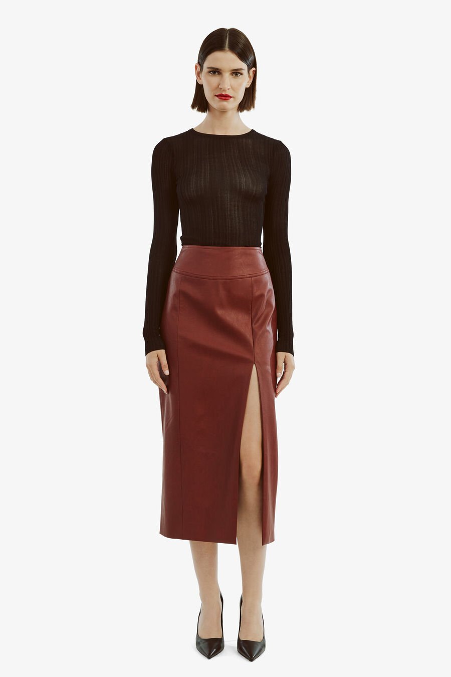 DANTE VEGAN LEATHER MIDI SKIRT in colour DEEP RED
