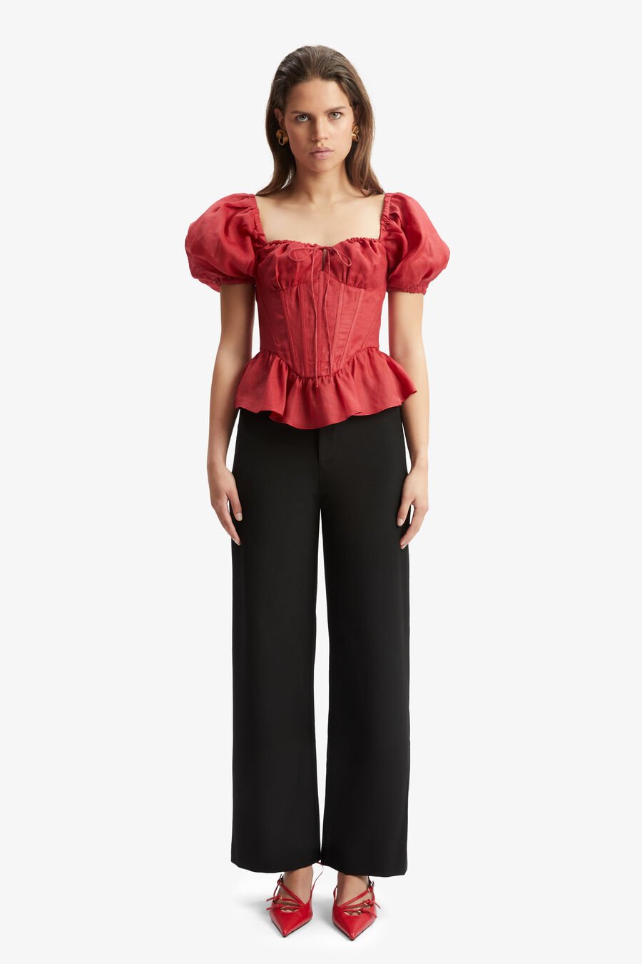 ESRA PUFF SLEEVE CORSET TOP in colour FIRE RED