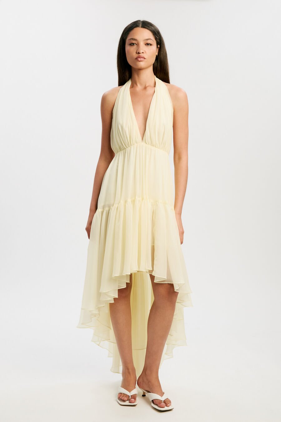 LEONA HIGH LOW RUFFLE DRESS in colour CANARY YLW