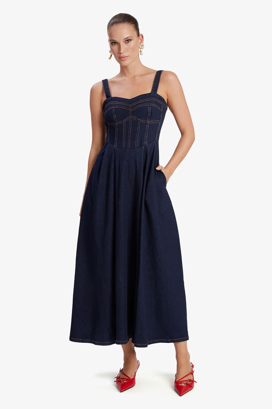 LILAH DENIM MIDI DRESS in colour DARK