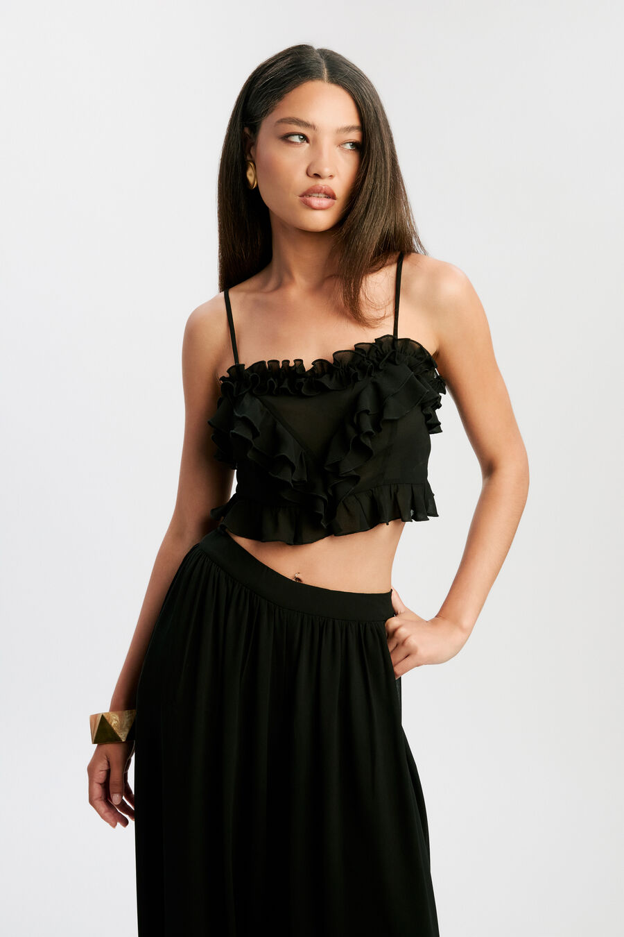 ALIRA FRILL DETAIL CROP TOP in colour BLACK