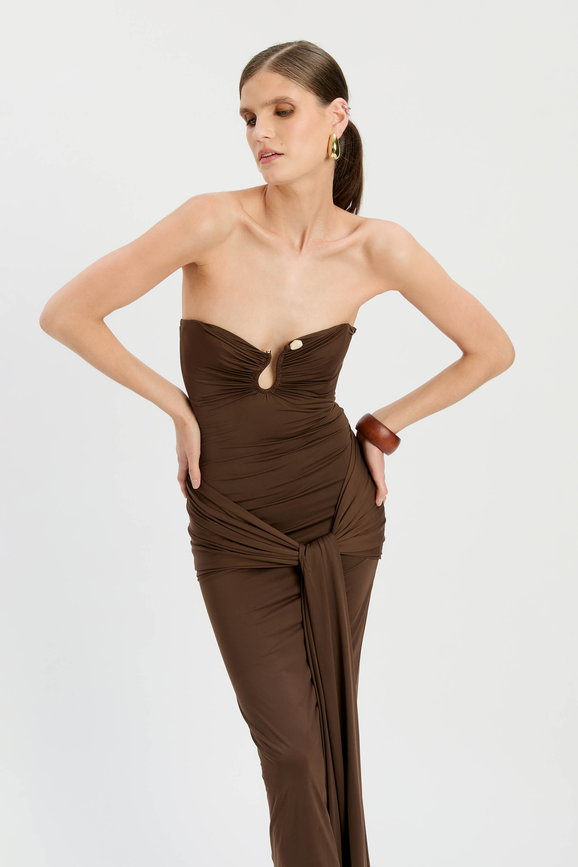 Laverne Strapless Midi Dress In Chocolate | Bardot