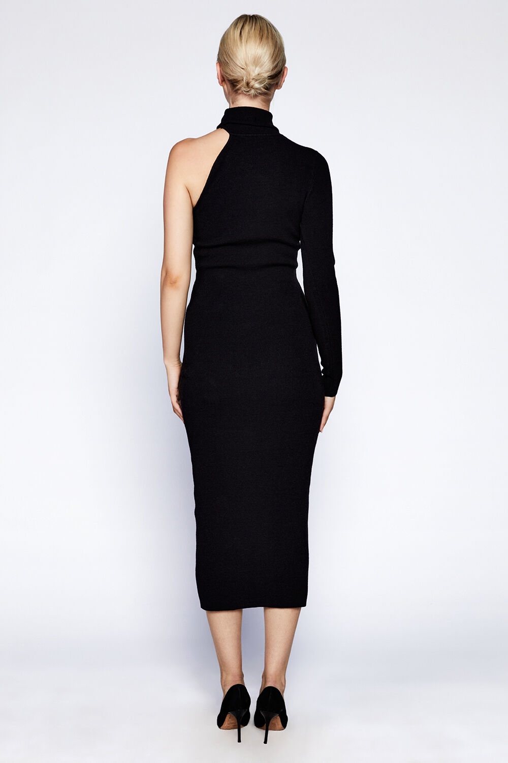 ASYMMETRIC SLV KNIT DRESS in colour CAVIAR