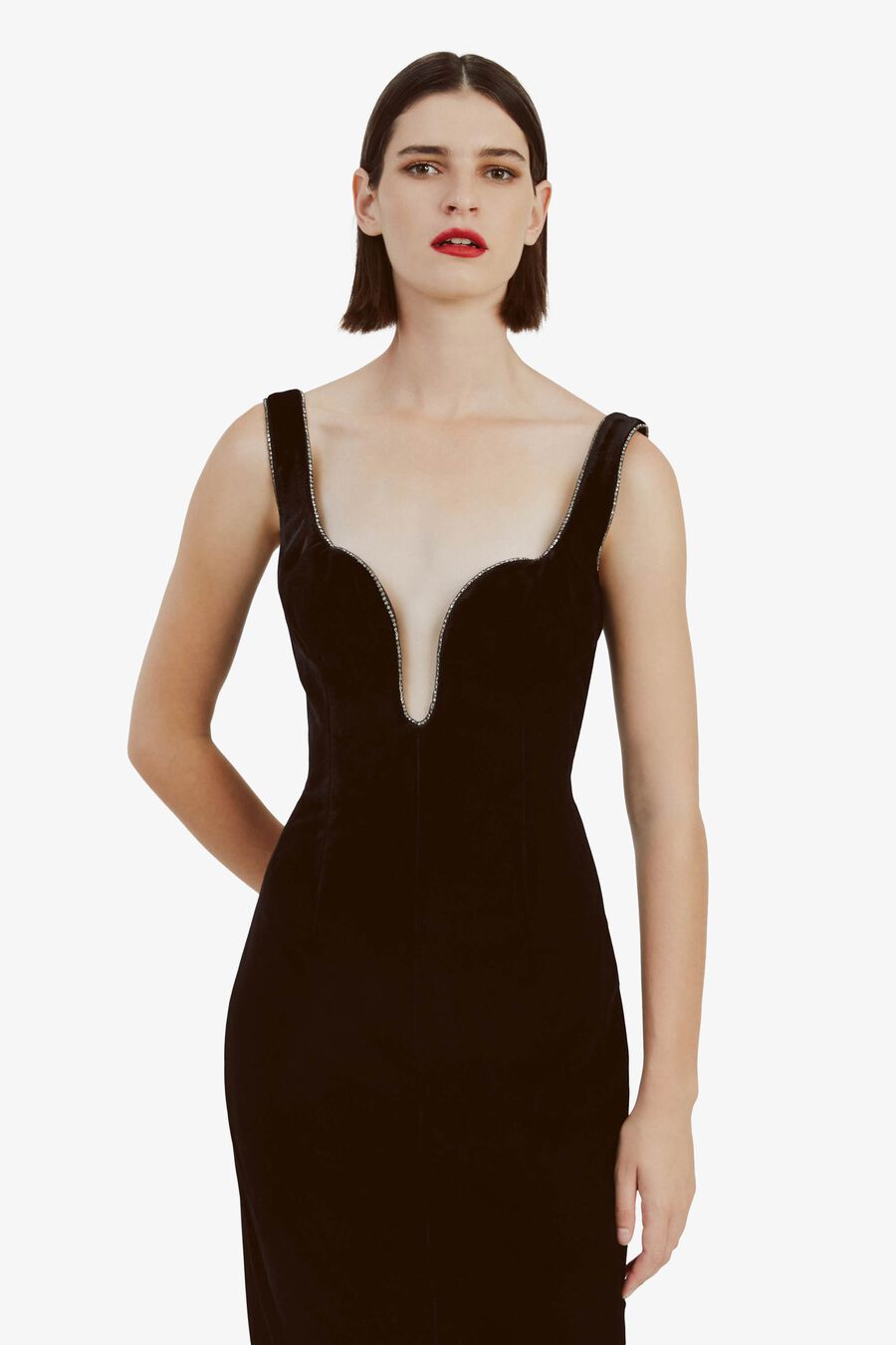 BROOKLYN VELOUR MIDI DRESS in colour BLACK