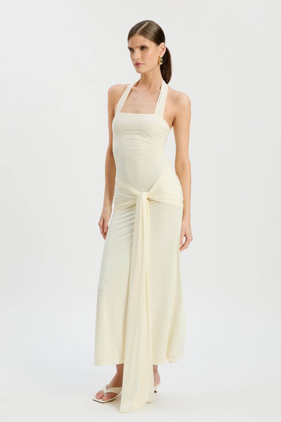 EMILIA TIE FRONT HALTER DRESS in colour Ivory