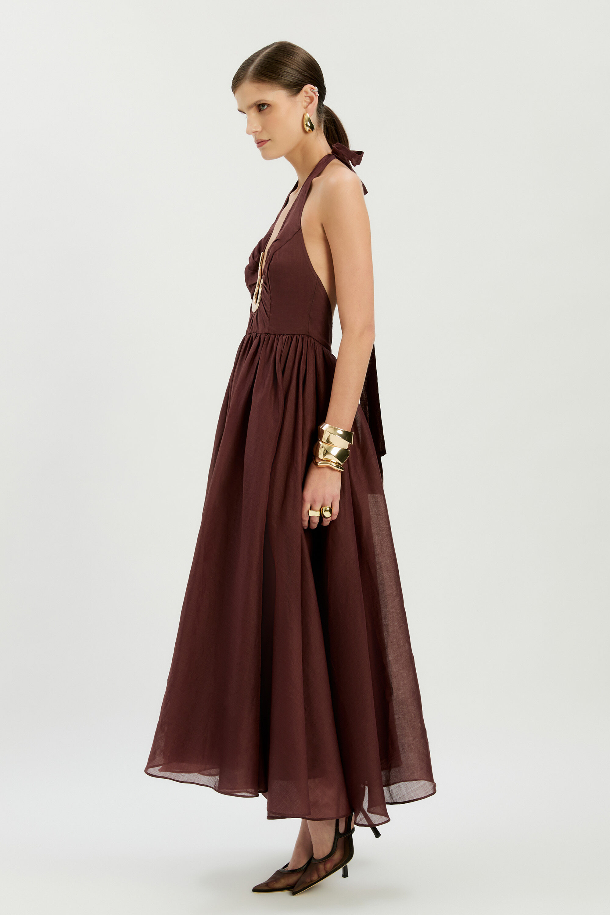 ramie halter midi dress Cavarly Ramie Halter Dress In Chocolate