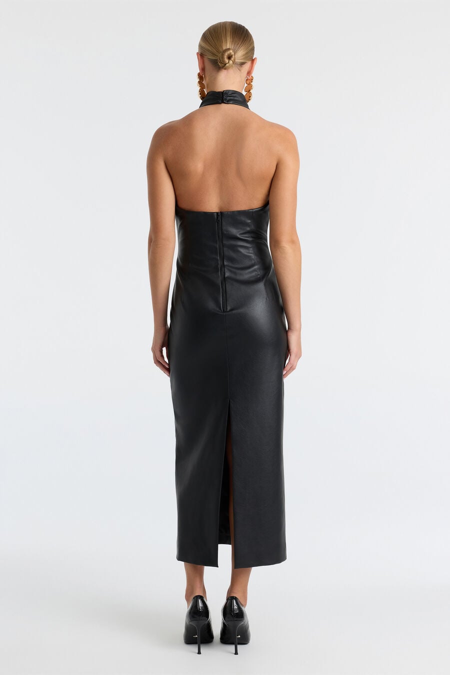 GINA VEGAN LEATHER MIDI DRESS in colour Black