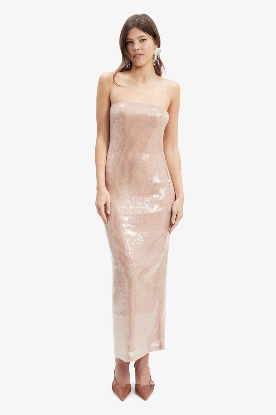 LAUNA SEQUIN MAXI DRESS in colour SOFT TAN