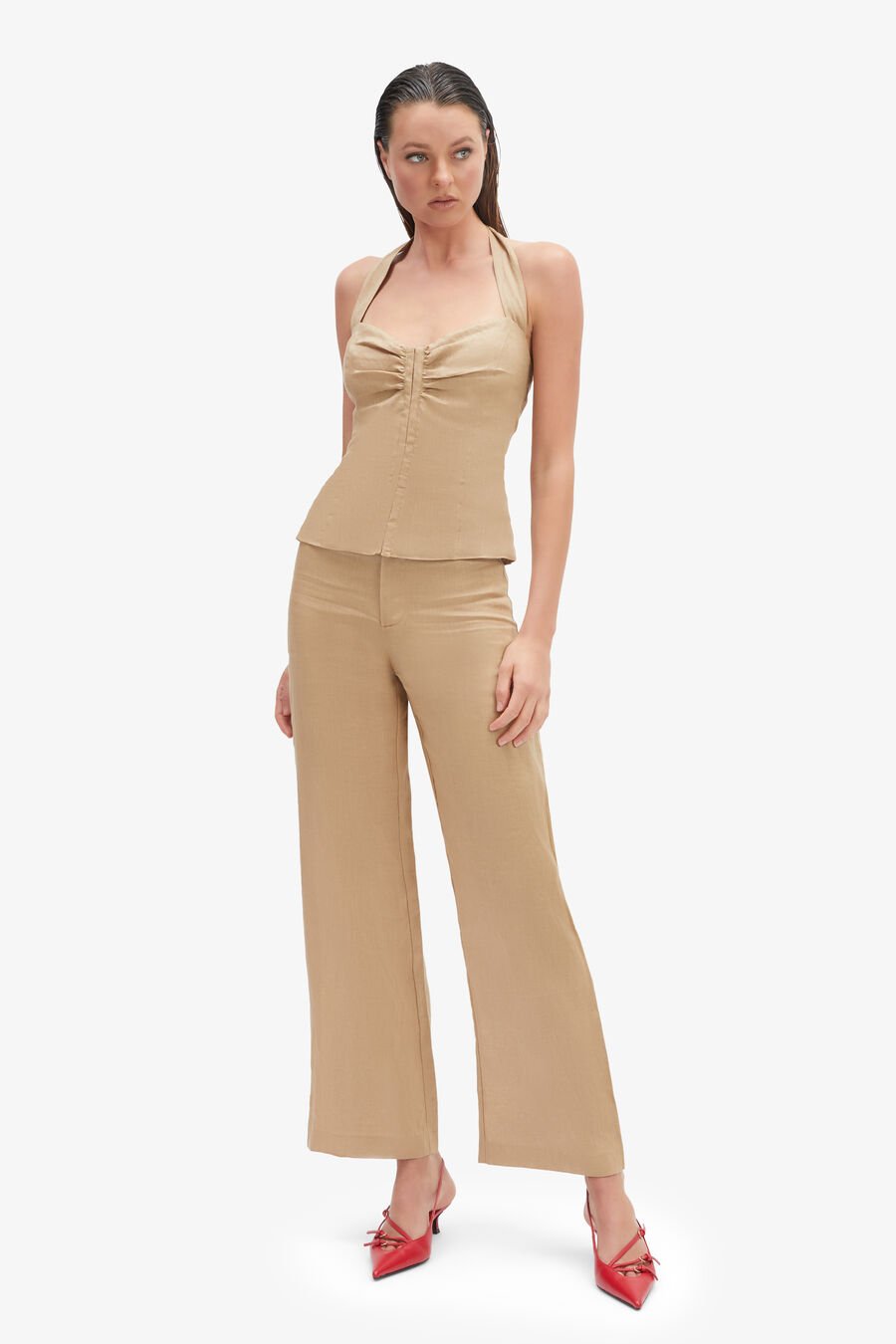 RIXTON LINEN HALTER TOP in colour LATTE