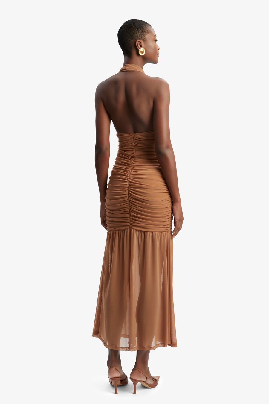 SEPHERA HALTER MESH MIDI DRESS in colour CHESTNUT