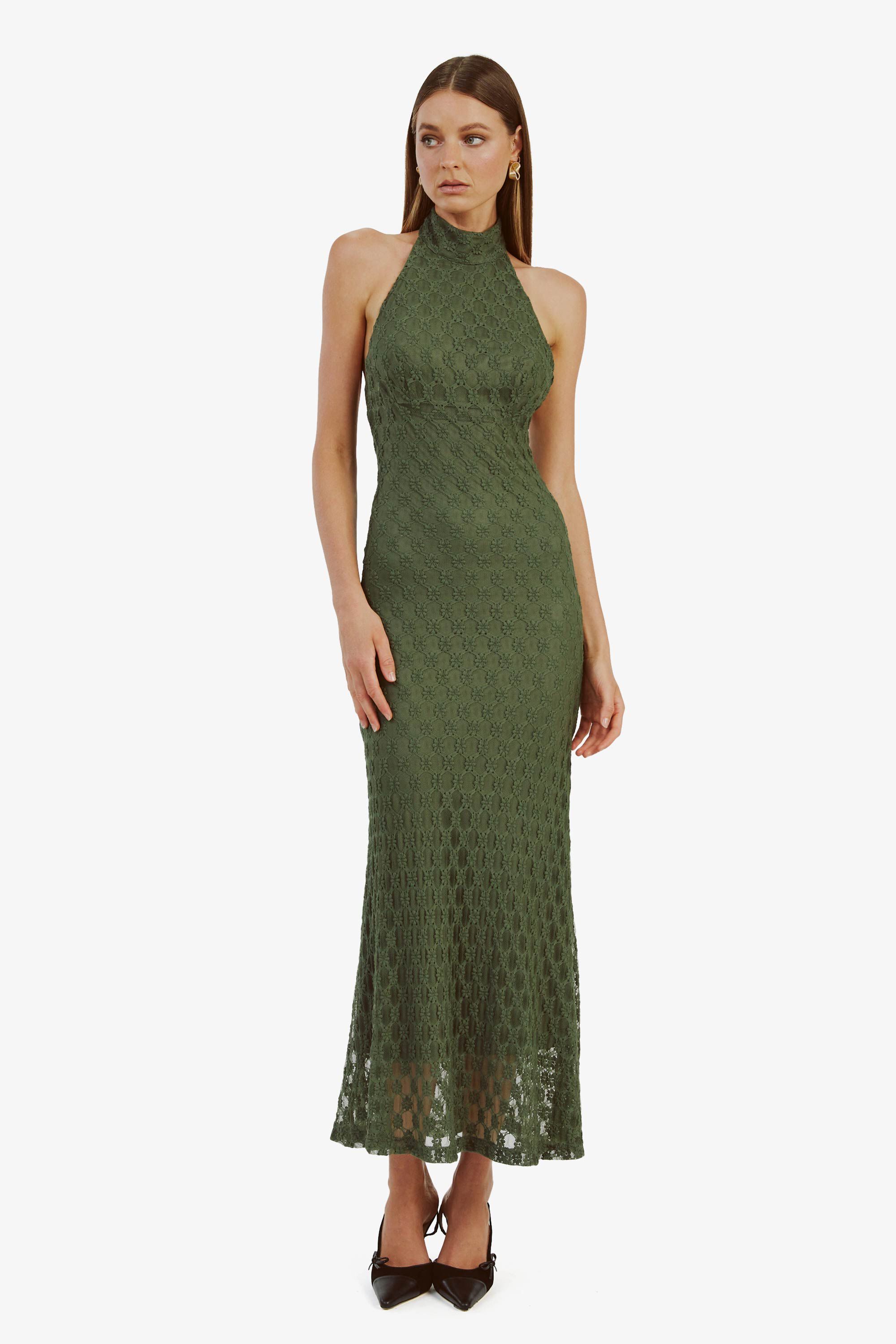 Adoni Ola Lace Maxi Dress In Khaki Bardot
